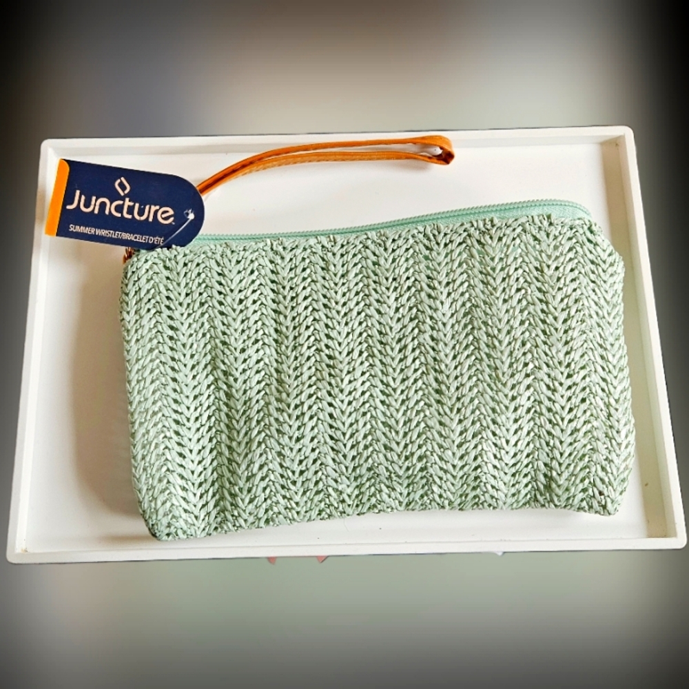 NWT FAUX WICKER WOVEN SMALL ZIPPER CLUTCH WRISTLET BAG: MINT GREEN!